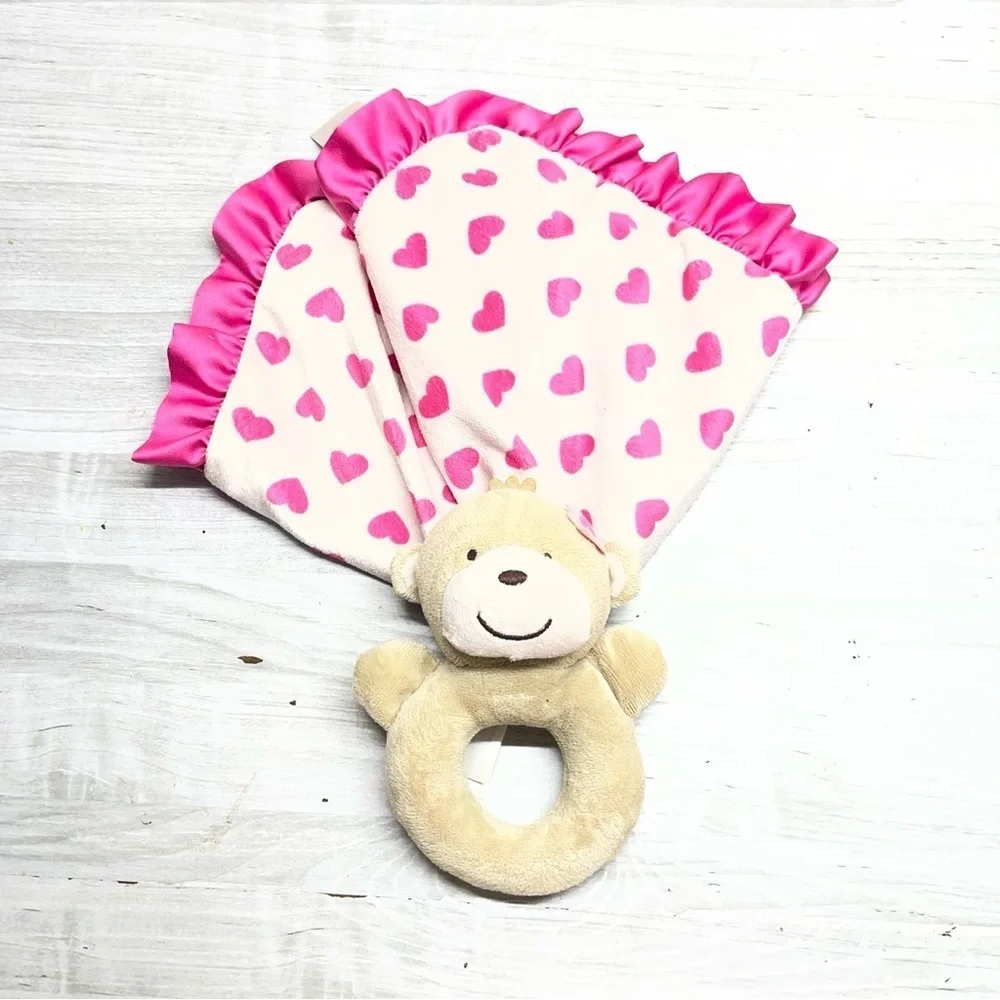 Carter’s Baby Monkey Plush Rattle White Pink Heart Satin Lovey Security Blanket